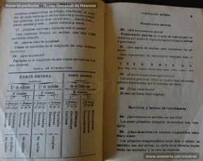 1934: fragments del llibre "Aritmetica: curso elemental o primer grado", de G. M. Bruño. Per a cada qüestió a tractar, el llibre es divideix en una primera part teòrica, en la qual s’aclareixen les qüestions fonamentals relacionades amb el concepte analitzat, i en una segona part pràctica, amb problemes a resoldre. (Donació particular – Museu Comarcal de Manresa)