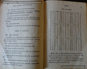 1934: fragments del llibre "Aritmetica: curso elemental o primer grado", de G. M. Bruño. Per a cada qüestió a tractar, el llibre es divideix en una primera part teòrica, en la qual s’aclareixen les qüestions fonamentals relacionades amb el concepte analitzat, i en una segona part pràctica, amb problemes a resoldre. (Donació particular – Museu Comarcal de Manresa)