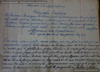 Agost de 1938: quadern escolar en el qual s’observa el treball escolar diari, centrat tant en la resolució de problemes matemàtics, com en el coneixement de les llengües catalana i castellana, així com en la geografia i la història. (Donació particular – Museu Comarcal de Manresa)