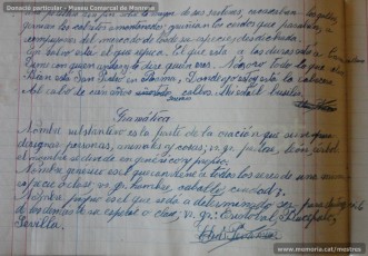 Agost de 1938: quadern escolar en el qual s’observa el treball escolar diari, centrat tant en la resolució de problemes matemàtics, com en el coneixement de les llengües catalana i castellana, així com en la geografia i la història. (Donació particular – Museu Comarcal de Manresa)