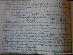 Agost de 1938: quadern escolar en el qual s’observa el treball escolar diari, centrat tant en la resolució de problemes matemàtics, com en el coneixement de les llengües catalana i castellana, així com en la geografia i la història. (Donació particular – Museu Comarcal de Manresa)