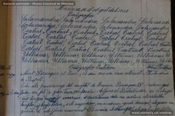 Agost de 1938: quadern escolar en el qual s’observa el treball escolar diari, centrat tant en la resolució de problemes matemàtics, com en el coneixement de les llengües catalana i castellana, així com en la geografia i la història. (Donació particular – Museu Comarcal de Manresa)