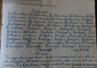 Agost de 1938: quadern escolar en el qual s’observa el treball escolar diari, centrat tant en la resolució de problemes matemàtics, com en el coneixement de les llengües catalana i castellana, així com en la geografia i la història. (Donació particular – Museu Comarcal de Manresa)