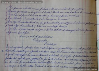 Agost de 1938: quadern escolar en el qual s’observa el treball escolar diari, centrat tant en la resolució de problemes matemàtics, com en el coneixement de les llengües catalana i castellana, així com en la geografia i la història. (Donació particular – Museu Comarcal de Manresa)