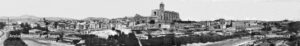 Magnífica vista panoràmica de la Manresa del 1914, en què es pot apreciar el casc urbà des del pont de pedra fins al Pont Vell, seguint el curs del riu. 
Procedència: Arxiu Comarcal del Bages