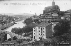 Fotografia de la basílica de la Seu i el riu Cardener.
Procedència: Arxiu Comarcal del Bages