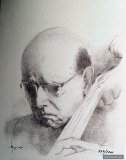 El dibuix “Pau Casals” de Josep Barés lliurat a l’abat de Montserrat Cassià Maria Just. Any 1980. (Col·lecció Josep Barés).