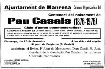 Publicitat de l’Ajuntament de Manresa de l’acte de la inauguració del monument. Gazeta de Manresa 20 desembre 1976. (Col·lecció Josep Barés).