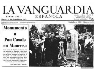 Notícia de la inauguració del monument a Pau Casals publicada a La Vanguardia el 28 desembre 1976. (Col·lecció Josep Barés).