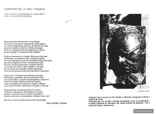 Poesia del manresà Gabriel Mora i Arana escrita “com un petit additament” al monument que Manresa va dedicar a Pau Casals. “Homenatge a Pau Casals d'Artistes catalans d'Avui”. (Col·lecció Josep Barés).