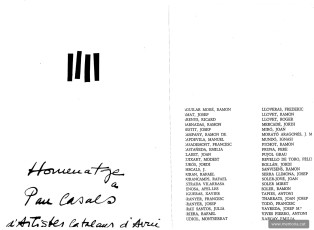 Poesia del manresà Gabriel Mora i Arana escrita “com un petit additament” al monument que Manresa va dedicar a Pau Casals. “Homenatge a Pau Casals d'Artistes catalans d'Avui”. (Col·lecció Josep Barés).