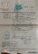 Certificat de matrimoni de Pedro Pérez Vengut i Llúcia Morera Agut. (Col·lecció familiar). 