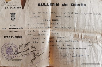 Document sobre la mort de Pedro Pérez Vengut, esdevinguda el 19 d’abril de 1954 a Pamiers, Occitània.
