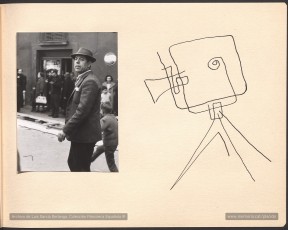 Berlanga és el protagonista d’aquesta pàgina. Una càmera dibuixada per Esparbé fa com si el seguís a ell. (Archivo de Luis García Berlanga. Colección Filmoteca Española @).
