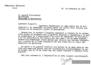 Document sobre el trasllat dels nínxols de Gerhard i d’Hortet a Monistrol datat el 23 de novembre de 1957. (Arxiu Abadia de Montserrat).