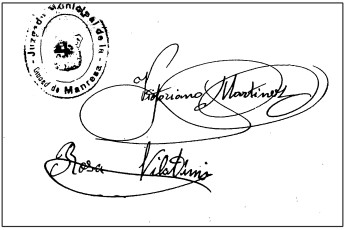 Signatures de Victorià Martínez i Rosa Vilatimó a la partida de casament. (Col·lecció familiar).