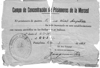 Document de vacunació del Camp de concentració de presoners de la Merced a nom de Francesc Viñals, Pamplona, amb data de 2 de març de 1939. (Col·lecció familiar)