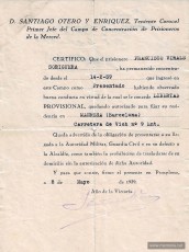 Document de sortida de Viñals del camp de concentració de La Merced de Pamplona. 8 de maig 1939. (Col·lecció familiar)