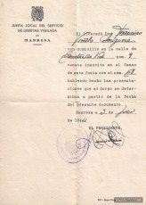 Document datat el 3 de juliol de 1944 de la Junta Local del Servicio de  Libertad Vigilada de Manresa amb les presentacions fetes per Viñals, p. 1. (Col·lecció familiar).