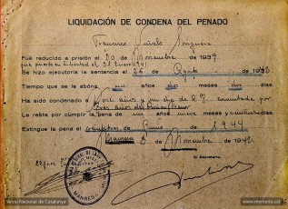 Document de 3 de novembre de 1942 on consta que Viñals liquidarà la condemna el 23 de juny de 1944. (Arxiu Nacional de Catalunya)