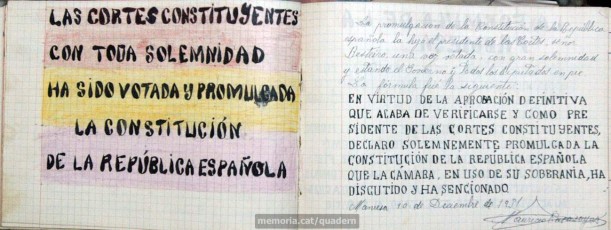 El quadern dedica aquests dos fulls a l’aprovació de la Constitució espanyola, bo i reproduint el text de la promulgació feta pel president de les Corts espanyoles.