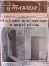 16-10-1975: notícia apareguda al diari “Manresa” que detalla l’àmplia operació que la Guàrdia Civil va dur a terme a Manresa per a detenir diversos militants antifranquistes i localitzar el seu aparell de propaganda. (Arxiu Comarcal del Bages).