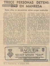 14-10-1975: notícia del diari “Tele/exprés” que dóna informació sobre el procés de detenció de diversos militants antifranquistes a Manresa. L’article està firmat per Pere Planes, pseudònim que utilitzava el manresà Joan Badia i Pujol. (Col·lecció Lluïsa Batlle).
