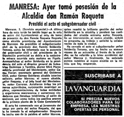 Informació apareguda a “La Vanguardia” sobre la presa de possessió de l’alcalde Ramon Roqueta (3/11/1975)