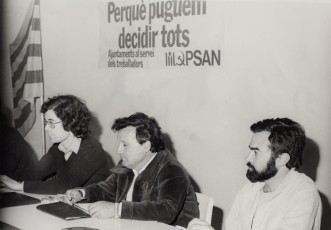Any 1979. Acte celebrat durant la campanya de les eleccions municipals amb Ignasi Perramon, Juan González i Lluís Alegre.