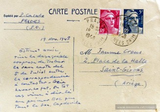 Tarja postal de Pau Casals a Jaume Creus. (Prada de Conflent, 19/11/1948)