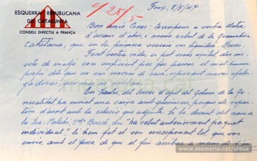 Carta de Manuel Companys, germà del president, a Jaume Creus (Foix, 8/5/1947)